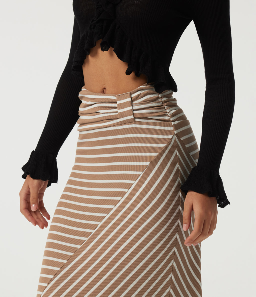 Ribbed Knit Mid Rise Asymmetric Ruched Stripe Maxi Casual Mermaid Skirt — Birch Stripe — view 5