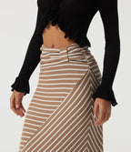 Ribbed Knit Mid Rise Asymmetric Ruched Stripe Maxi Casual Mermaid Skirt — Birch Stripe — view 5