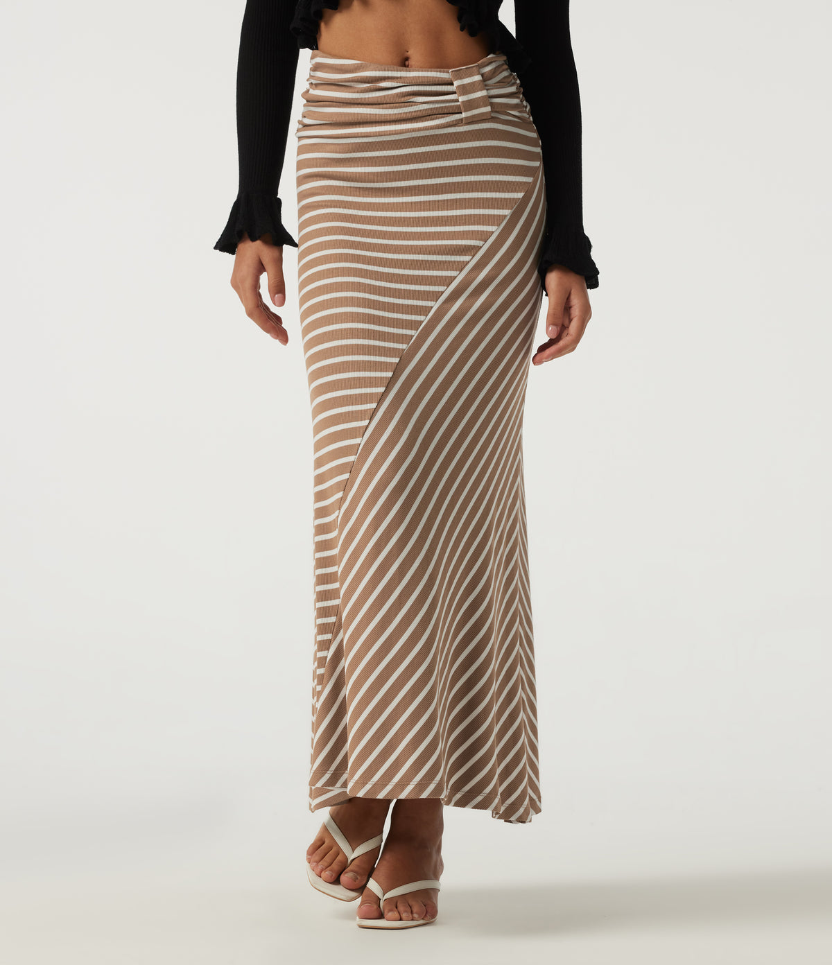 Ribbed Knit Mid Rise Asymmetric Ruched Stripe Maxi Casual Mermaid Skirt — Birch Stripe — view 1