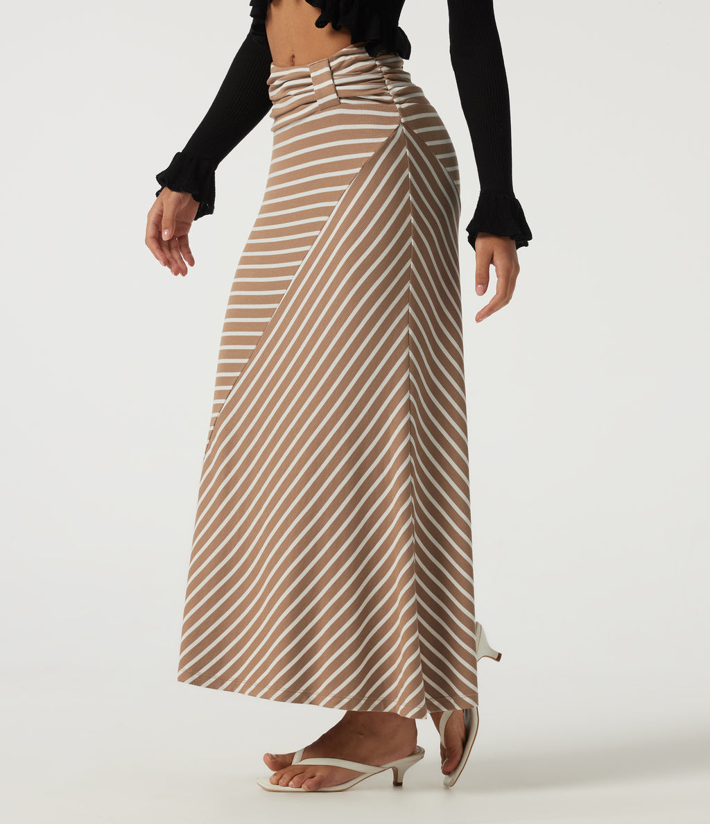 Ribbed Knit Mid Rise Asymmetric Ruched Stripe Maxi Casual Mermaid Skirt — Birch Stripe — view 3