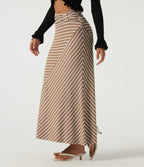 Ribbed Knit Mid Rise Asymmetric Ruched Stripe Maxi Casual Mermaid Skirt — Birch Stripe — view 3