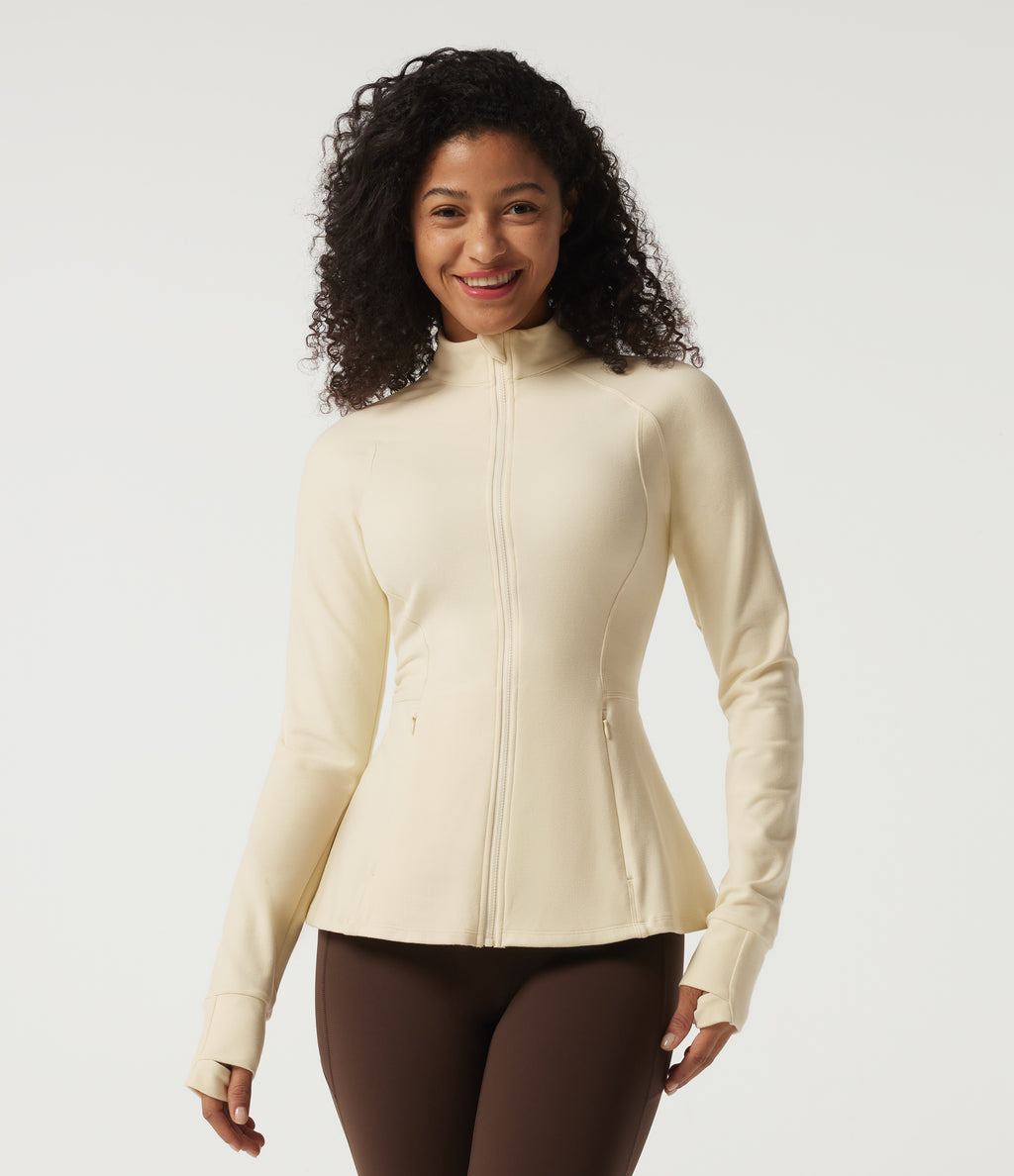 Stand Collar Long Sleeve Yoga Jacket with Pockets and Thumb Holes — White Asparagus — view 3