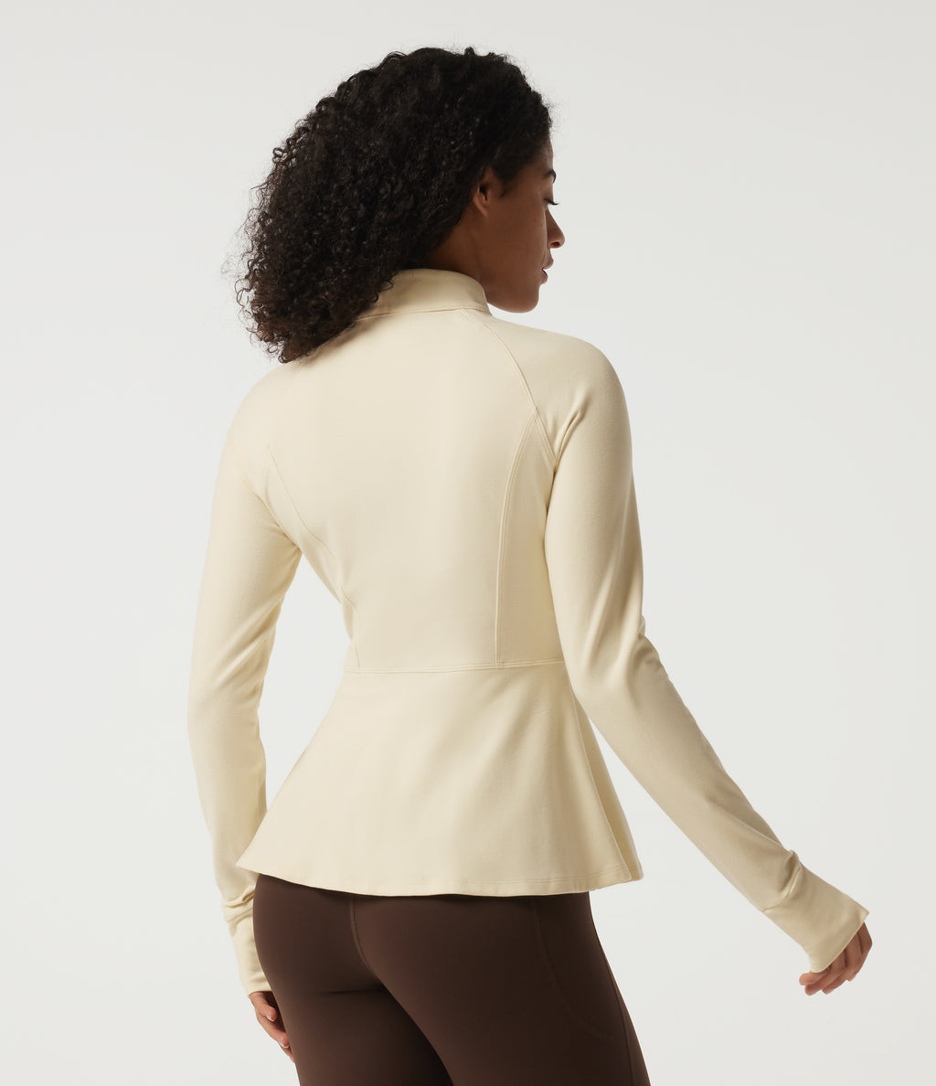 Stand Collar Long Sleeve Yoga Jacket with Pockets and Thumb Holes — White Asparagus — view 2
