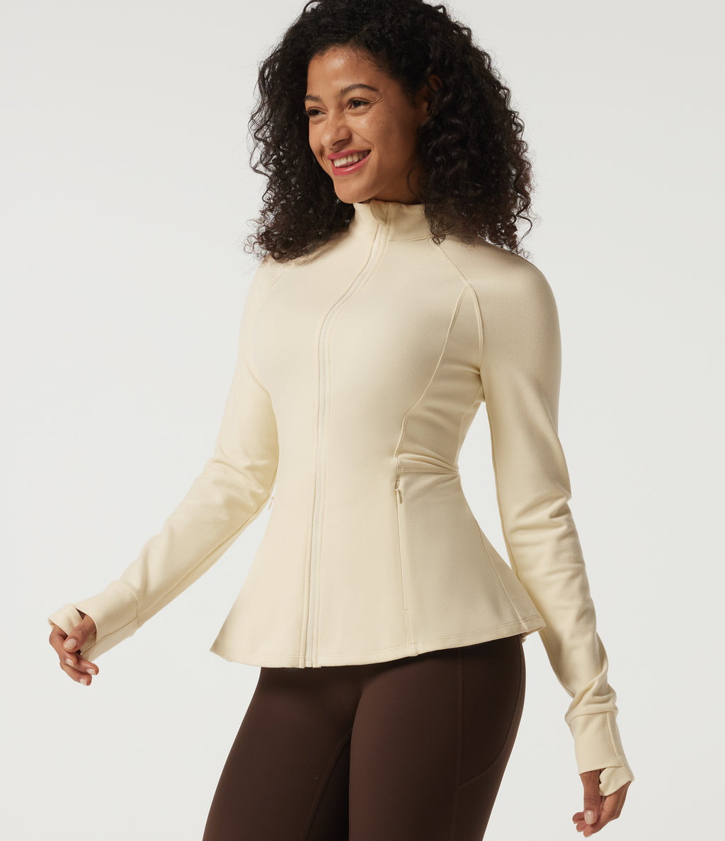 Stand Collar Long Sleeve Yoga Jacket with Pockets and Thumb Holes — White Asparagus — view 1