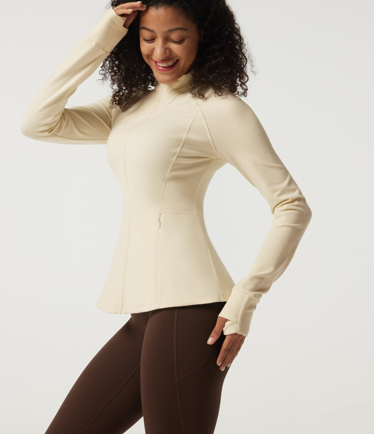 Stand Collar Long Sleeve Yoga Jacket with Pockets and Thumb Holes — White Asparagus — view 8