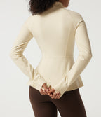 Stand Collar Long Sleeve Yoga Jacket with Pockets and Thumb Holes — White Asparagus — view 7