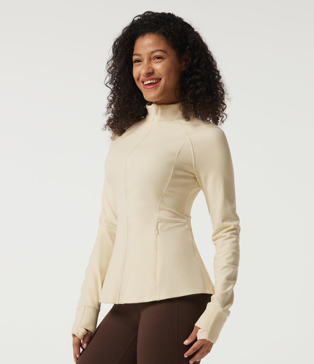 Stand Collar Long Sleeve Yoga Jacket with Pockets and Thumb Holes — White Asparagus — view 4