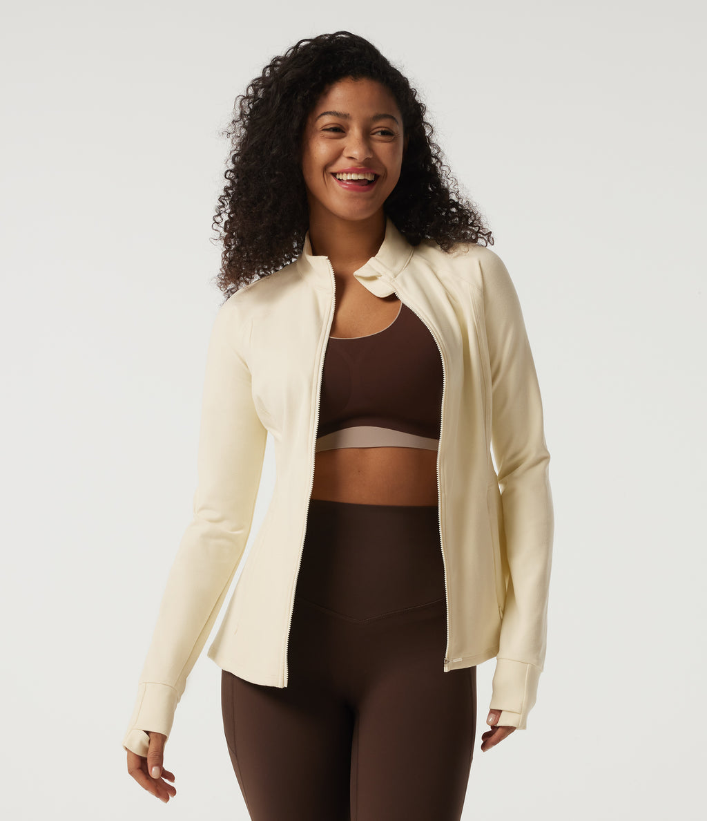 Stand Collar Long Sleeve Yoga Jacket with Pockets and Thumb Holes — White Asparagus — view 5
