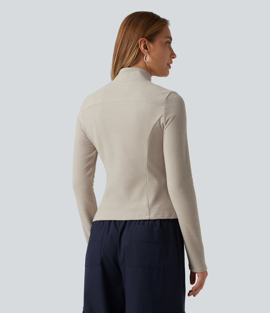 Stand Collar Long Sleeve Fleece Casual Jacket with Pockets — Moonbeam — view 2