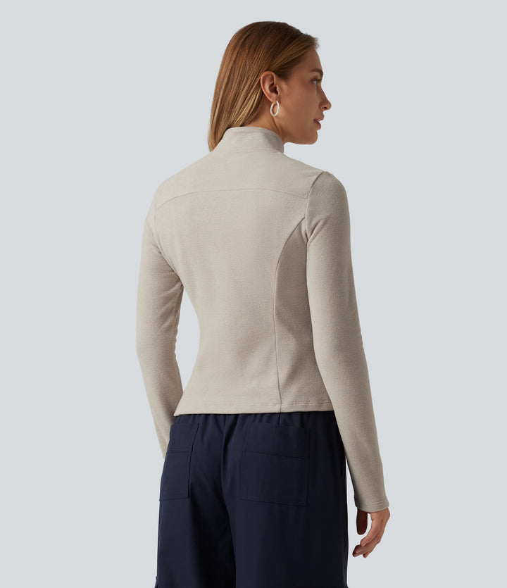 Stand Collar Long Sleeve Fleece Casual Jacket with Pockets — Moonbeam — view 2