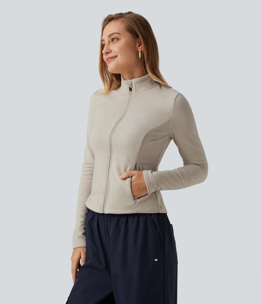 Stand Collar Long Sleeve Fleece Casual Jacket with Pockets — Moonbeam — view 3