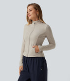 Stand Collar Long Sleeve Fleece Casual Jacket with Pockets — Moonbeam — view 3