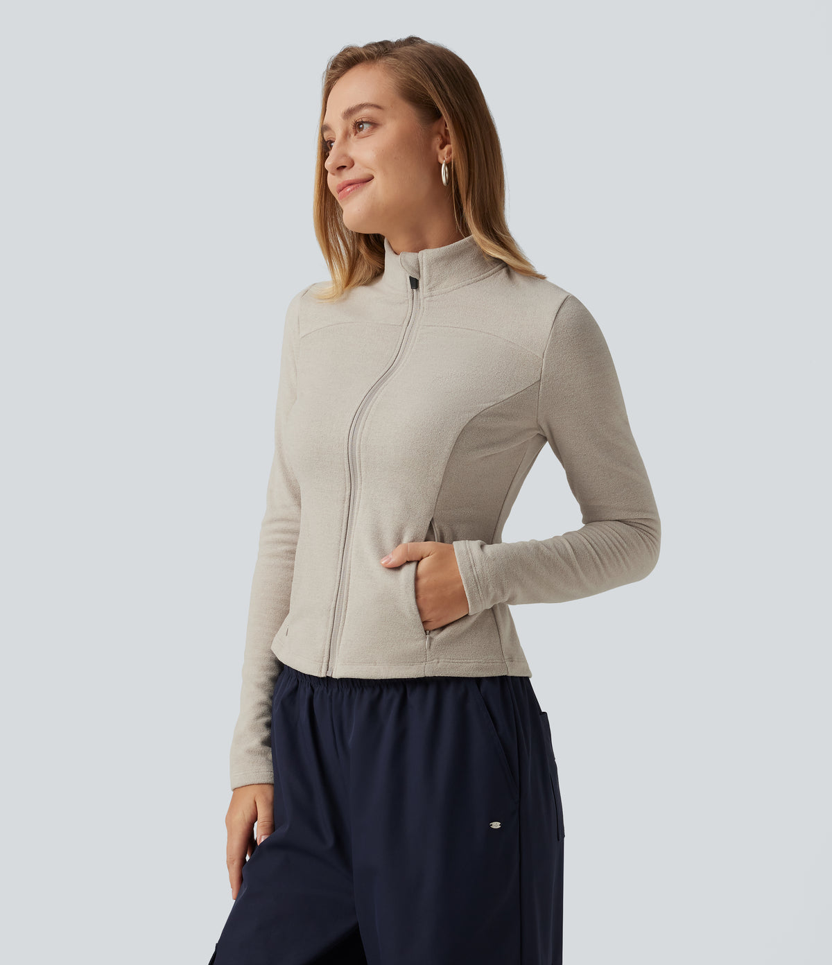 Stand Collar Long Sleeve Fleece Casual Jacket with Pockets — Moonbeam — view 3
