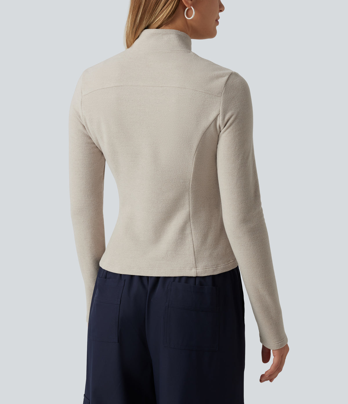 Stand Collar Long Sleeve Fleece Casual Jacket with Pockets — Moonbeam — view 6