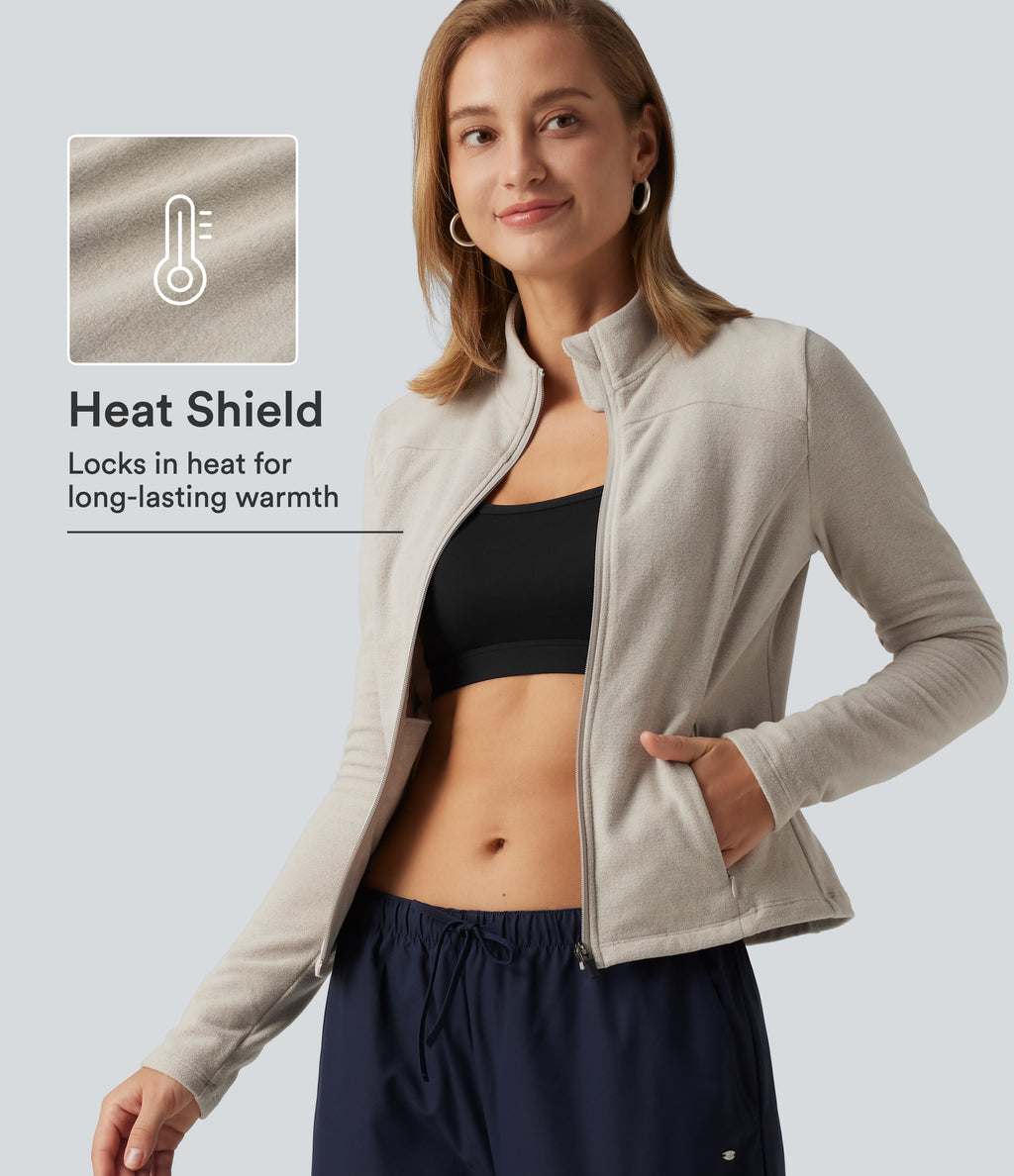 Stand Collar Long Sleeve Fleece Casual Jacket with Pockets — Moonbeam — view 1