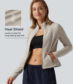Stand Collar Long Sleeve Fleece Casual Jacket with Pockets — Moonbeam — view 1