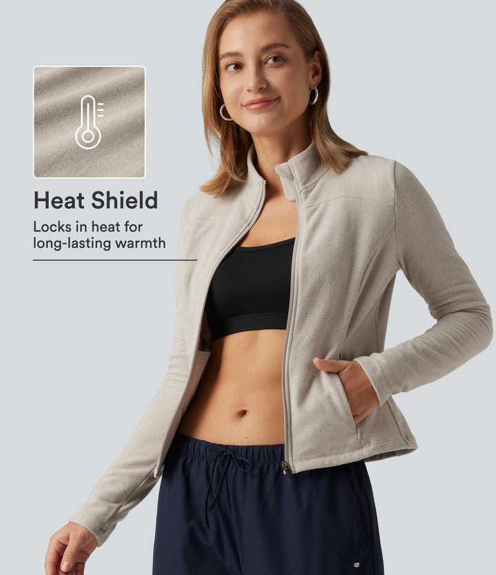 Stand Collar Long Sleeve Fleece Casual Jacket with Pockets — Moonbeam — view 1