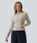 Stand Collar Long Sleeve Fleece Casual Jacket with Pockets — Moonbeam — view 4