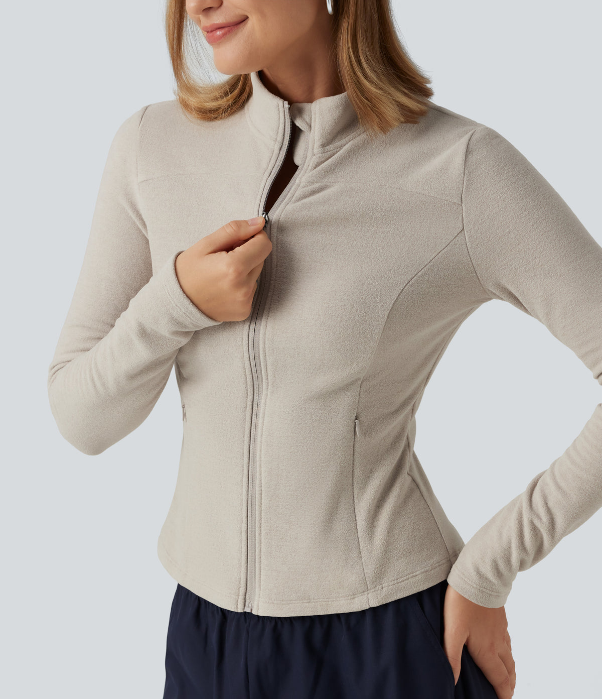 Stand Collar Long Sleeve Fleece Casual Jacket with Pockets — Moonbeam — view 5