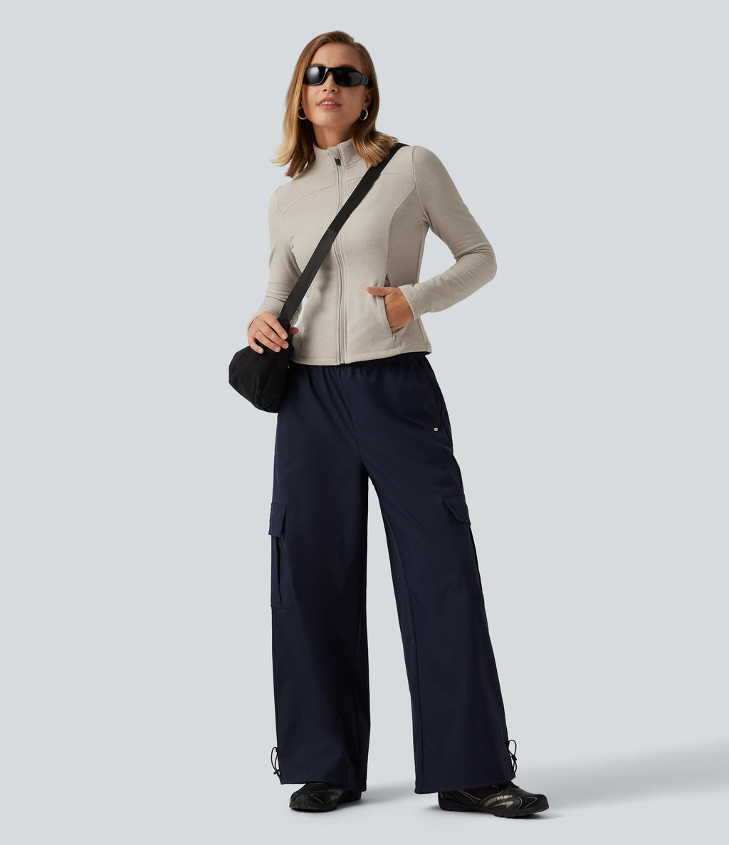Stand Collar Long Sleeve Fleece Casual Jacket with Pockets — Moonbeam — view 7