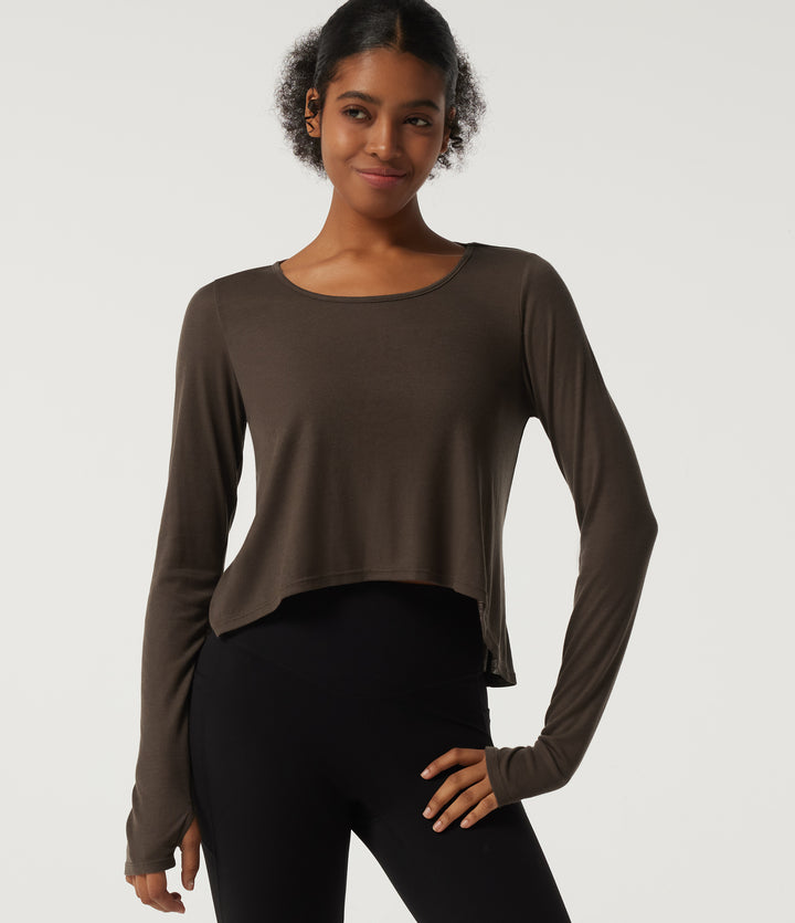 Scoop Neck Long Sleeve Ruffle Curved Hem Casual Wool-Blend Top with Thumbholes — Coffee Quartz — view 1