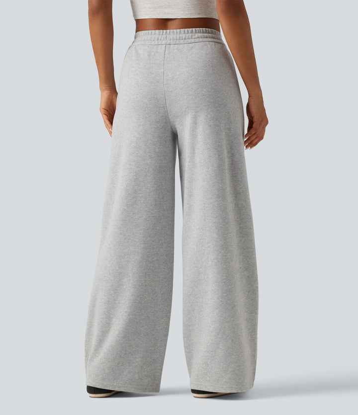 High Waisted Drawstring Wide Leg Fleece Casual Sweatpants with Pockets — Harbor Mist — view 2