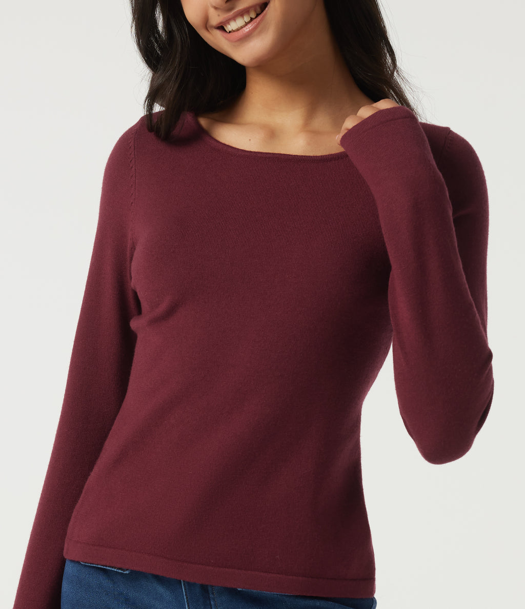 Boat Neck Long Sleeve Contrast Lace Cut Out Back Casual Sweater — Cardinal Red — view 5