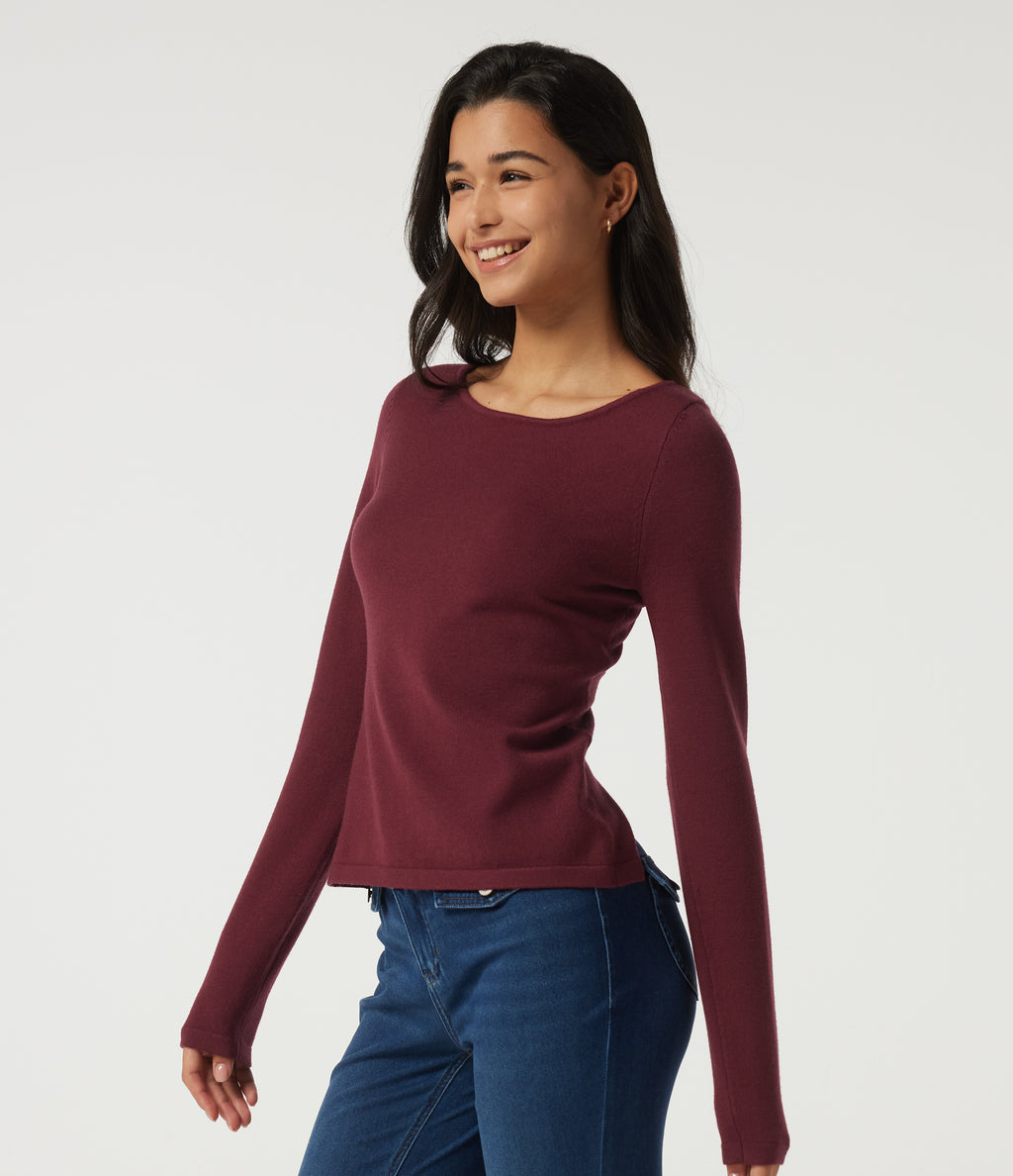 Boat Neck Long Sleeve Contrast Lace Cut Out Back Casual Sweater — Cardinal Red — view 3