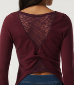Boat Neck Long Sleeve Contrast Lace Cut Out Back Casual Sweater — Cardinal Red — view 6
