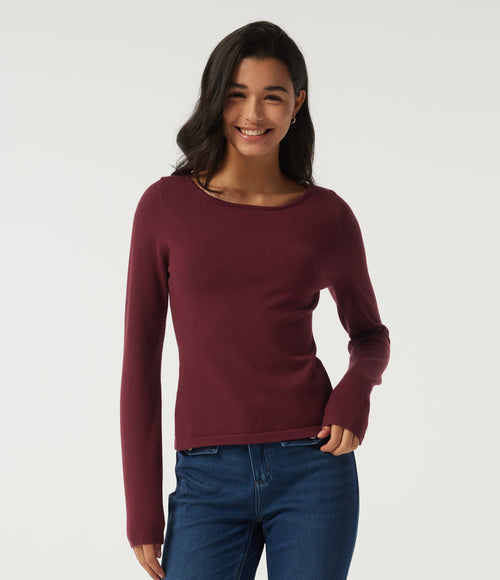 Boat Neck Long Sleeve Contrast Lace Cut Out Back Casual Sweater — Cardinal Red — view 2