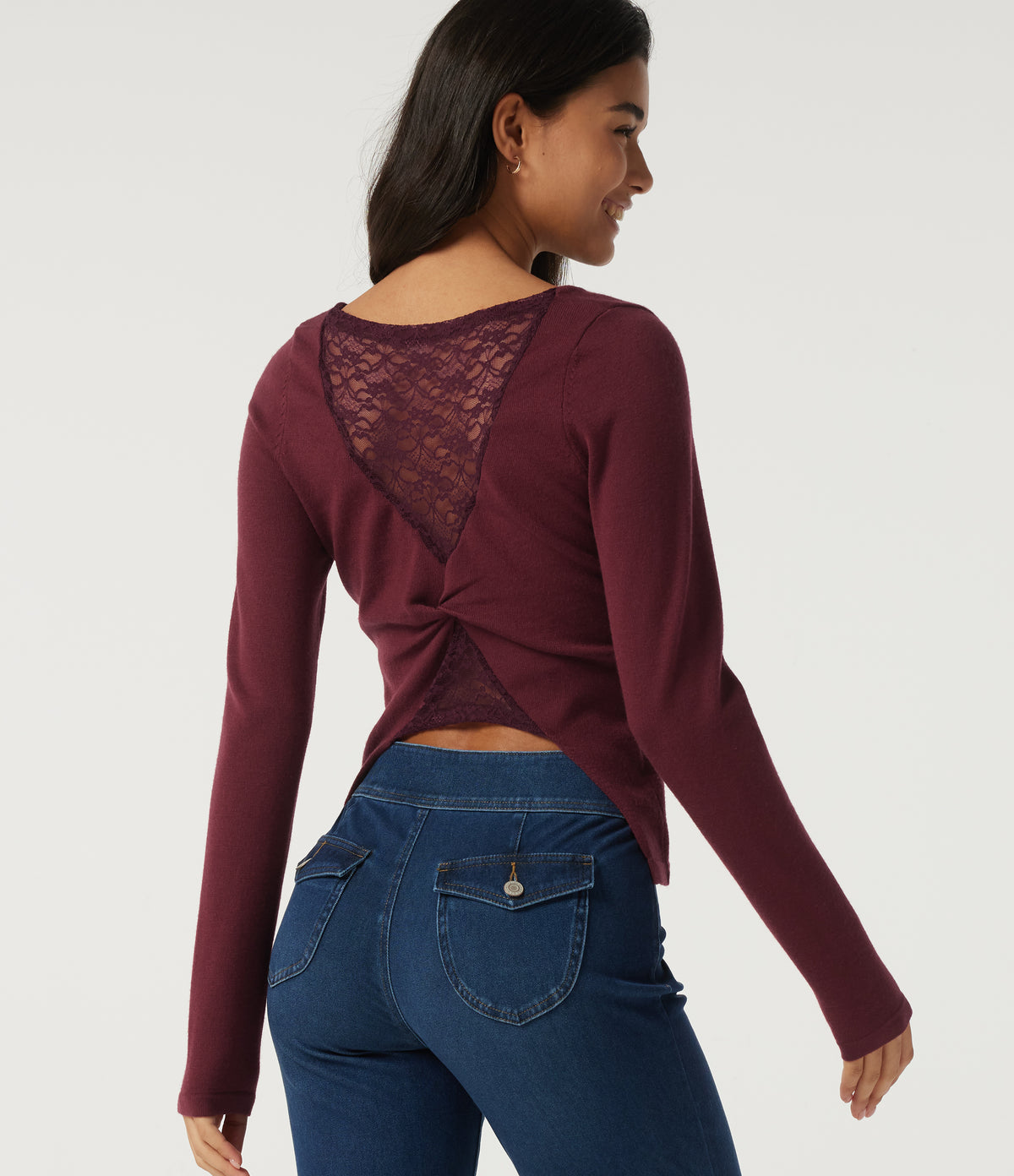 Boat Neck Long Sleeve Contrast Lace Cut Out Back Casual Sweater — Cardinal Red — view 4