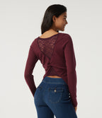 Boat Neck Long Sleeve Contrast Lace Cut Out Back Casual Sweater — Cardinal Red — view 1