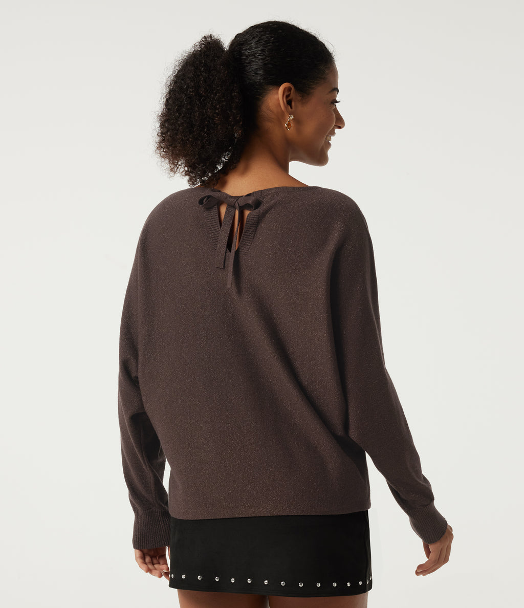 Round Neck Long Sleeve Tie Back Casual Jumper — Chicory Coffee — view 2