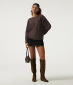 Round Neck Long Sleeve Tie Back Casual Jumper — Chicory Coffee — view 7