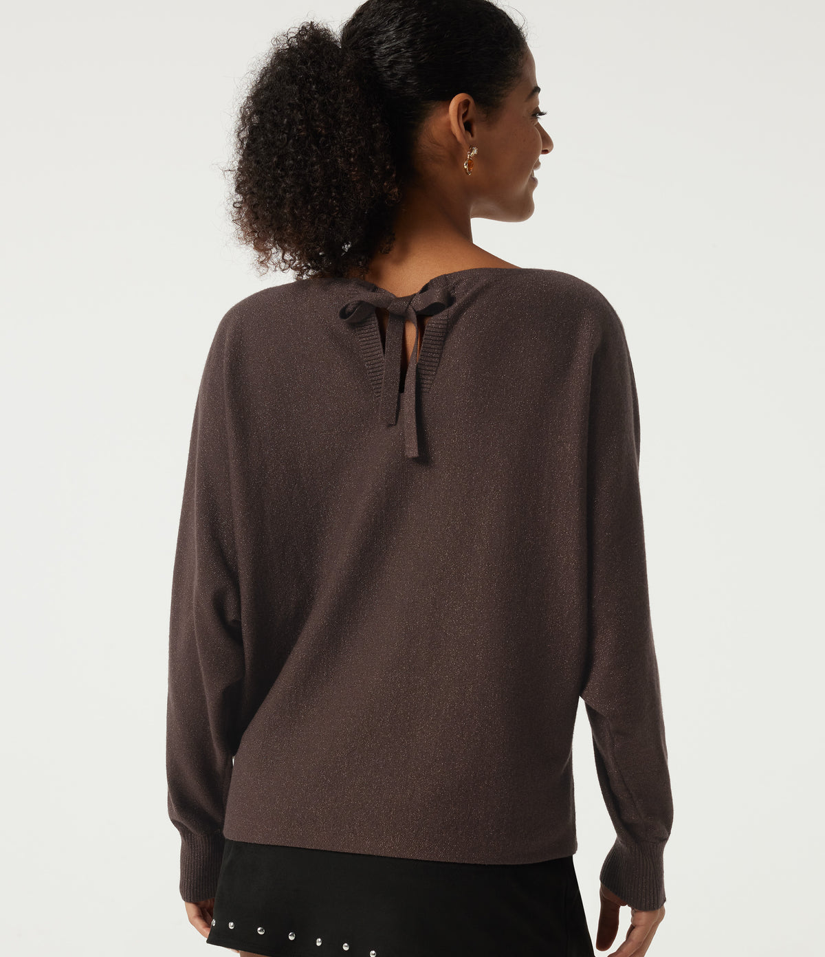 Round Neck Long Sleeve Tie Back Casual Jumper — Chicory Coffee — view 5