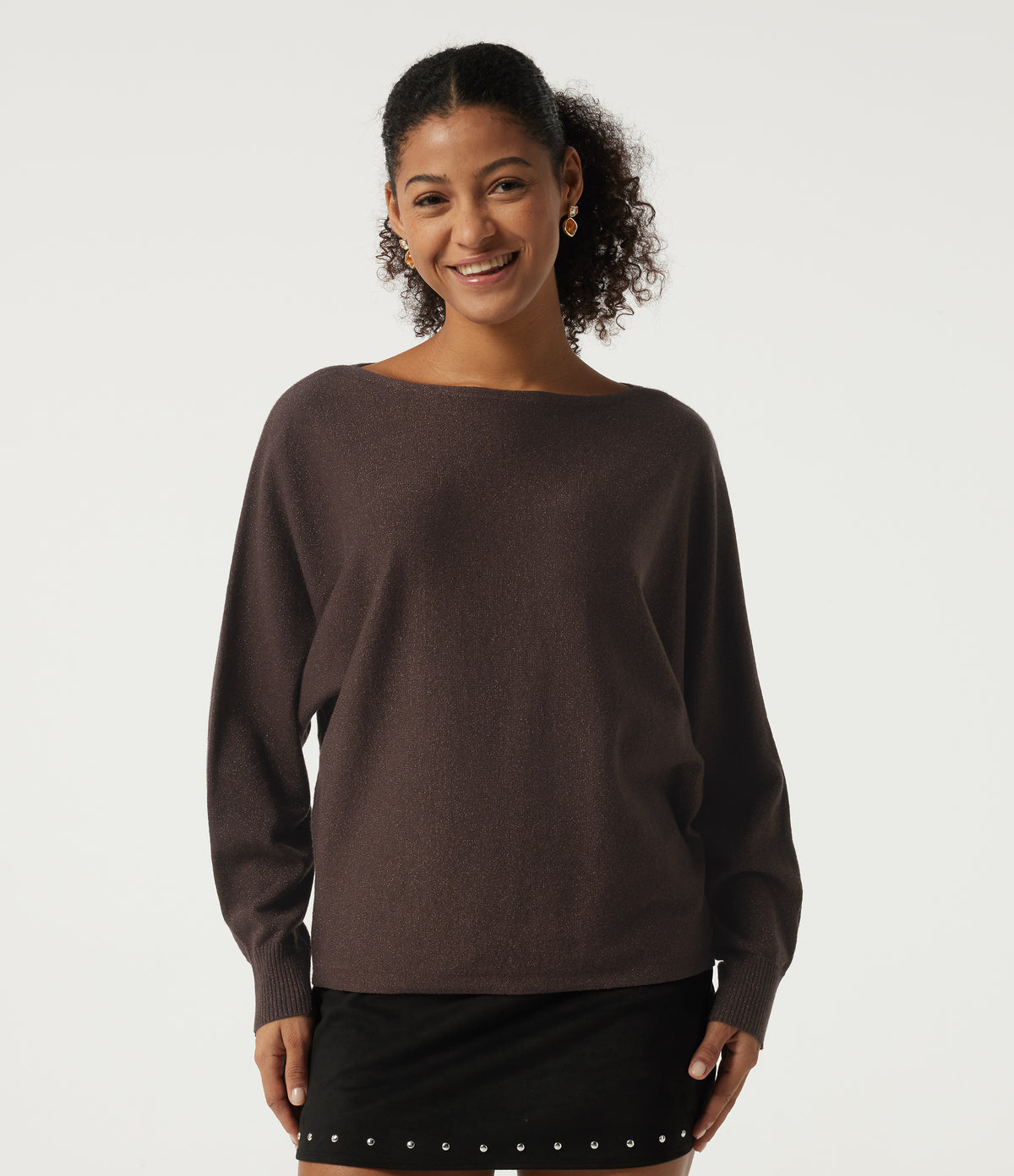 Round Neck Long Sleeve Tie Back Casual Jumper — Chicory Coffee — view 4