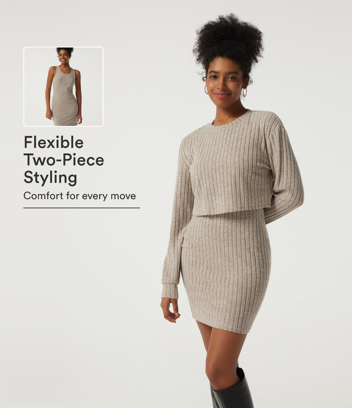 Ribbed Knit Round Neck Long Sleeve 2-Piece Bodycon Mini Casual Dress — Ridge Sand Khaki — view 1