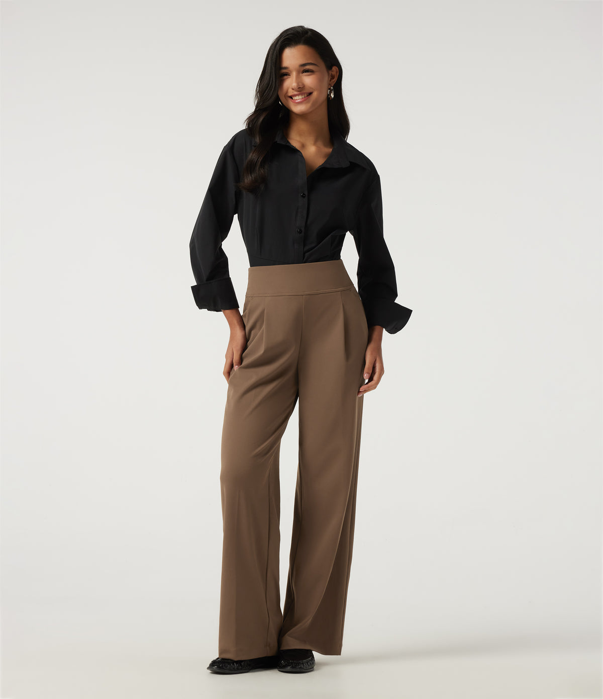 High Waisted Straight Leg Work Trousers with Pockets — Sepia — view 7