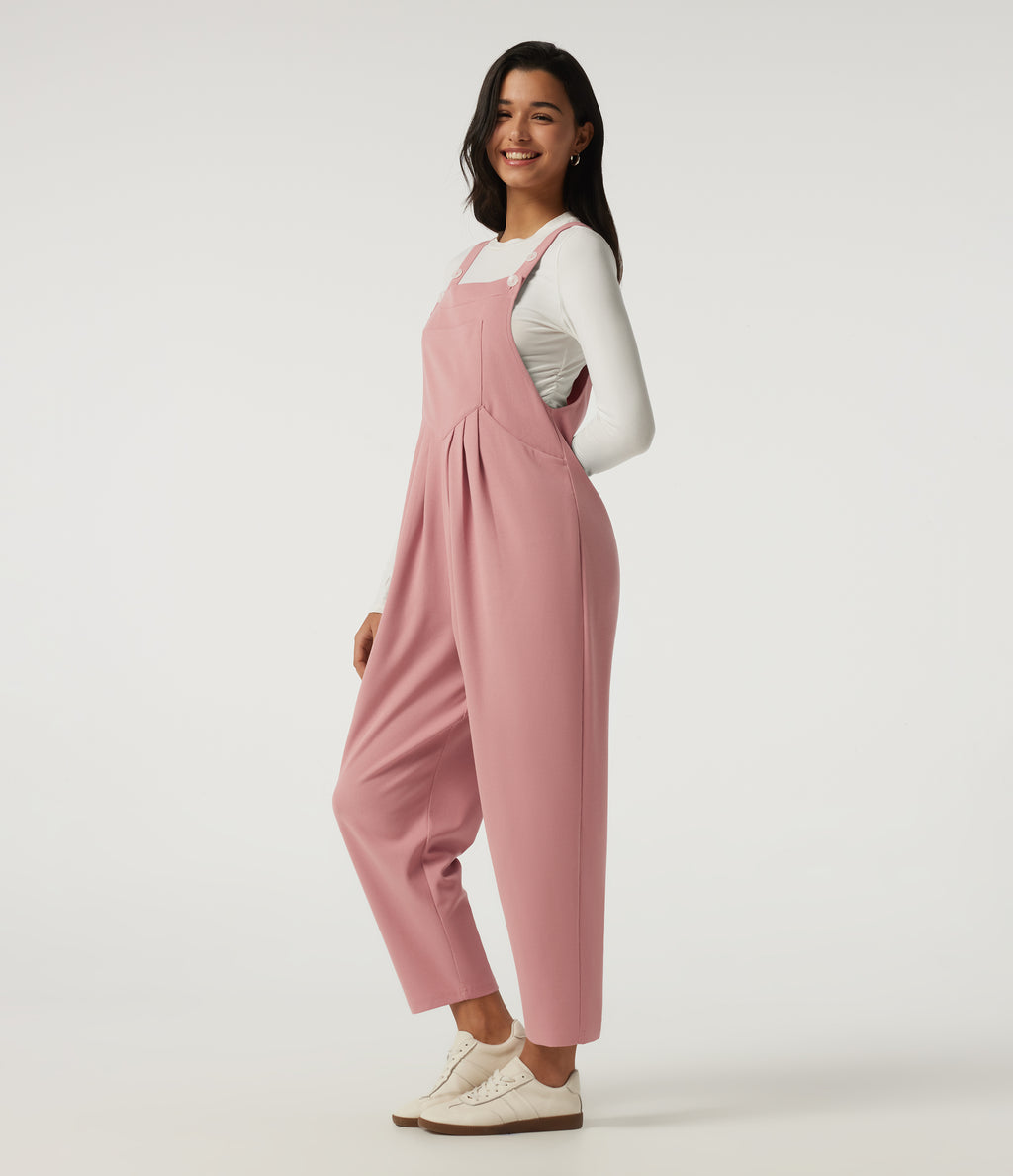 Square Neck Sleeveless Tapered Waffle Casual Dungarees with Pockets — Rose Tan — view 3