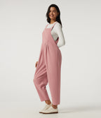 Square Neck Sleeveless Tapered Waffle Casual Dungarees with Pockets — Rose Tan — view 3