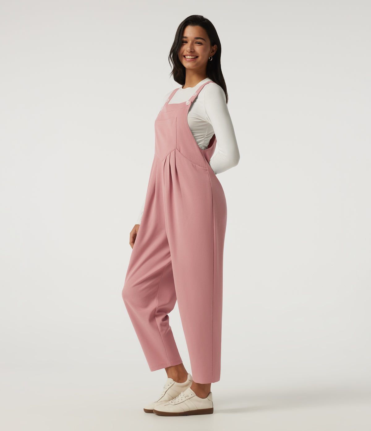 Square Neck Sleeveless Tapered Waffle Casual Dungarees with Pockets — Rose Tan — view 3