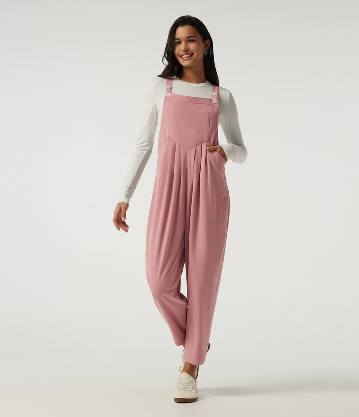 Square Neck Sleeveless Tapered Waffle Casual Dungarees with Pockets — Rose Tan — view 1