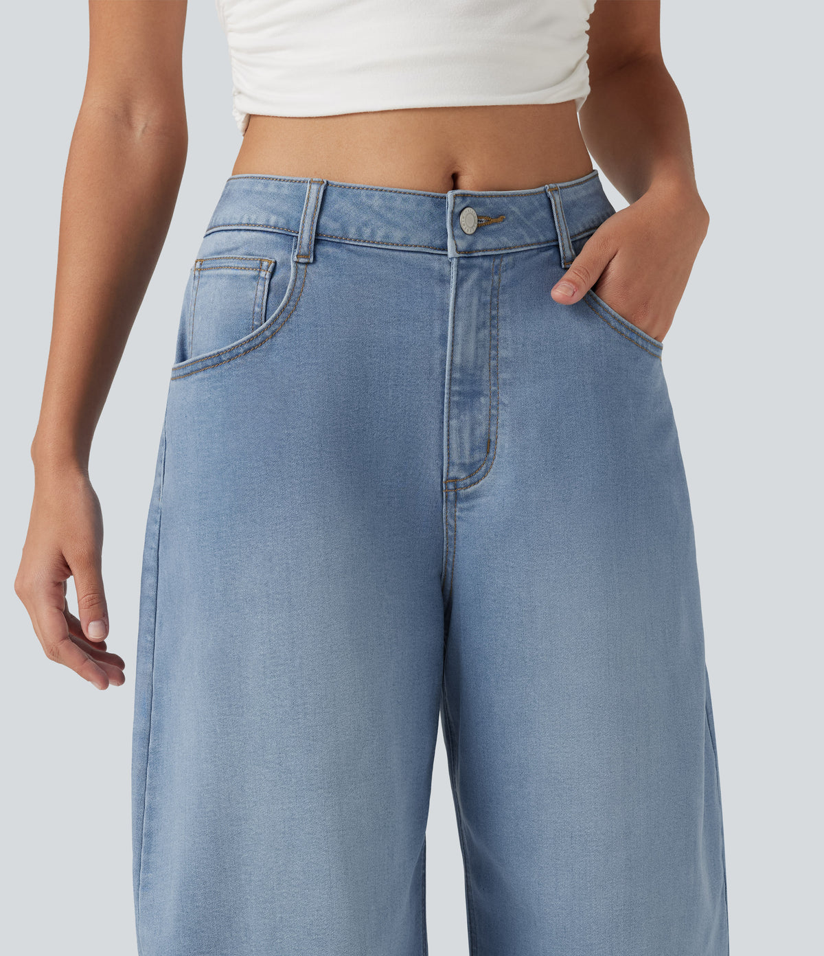 Mid Rise Barrel Leg Denim Casual Joggers with Pockets — Malibu Blue Denim — view 4
