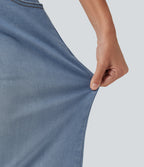Mid Rise Barrel Leg Denim Casual Joggers with Pockets — Malibu Blue Denim — view 7
