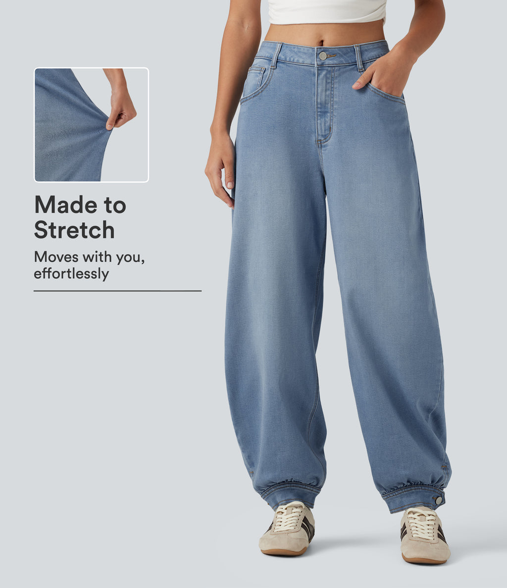 Mid Rise Barrel Leg Denim Casual Joggers with Pockets — Malibu Blue Denim — view 1