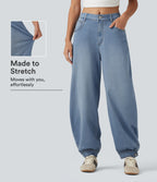 Mid Rise Barrel Leg Denim Casual Joggers with Pockets — Malibu Blue Denim — view 1