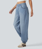 Mid Rise Barrel Leg Denim Casual Joggers with Pockets — Malibu Blue Denim — view 3