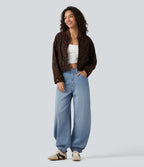 Mid Rise Barrel Leg Denim Casual Joggers with Pockets — Malibu Blue Denim — view 8
