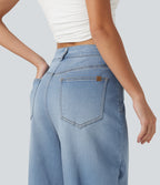 Mid Rise Barrel Leg Denim Casual Joggers with Pockets — Malibu Blue Denim — view 5