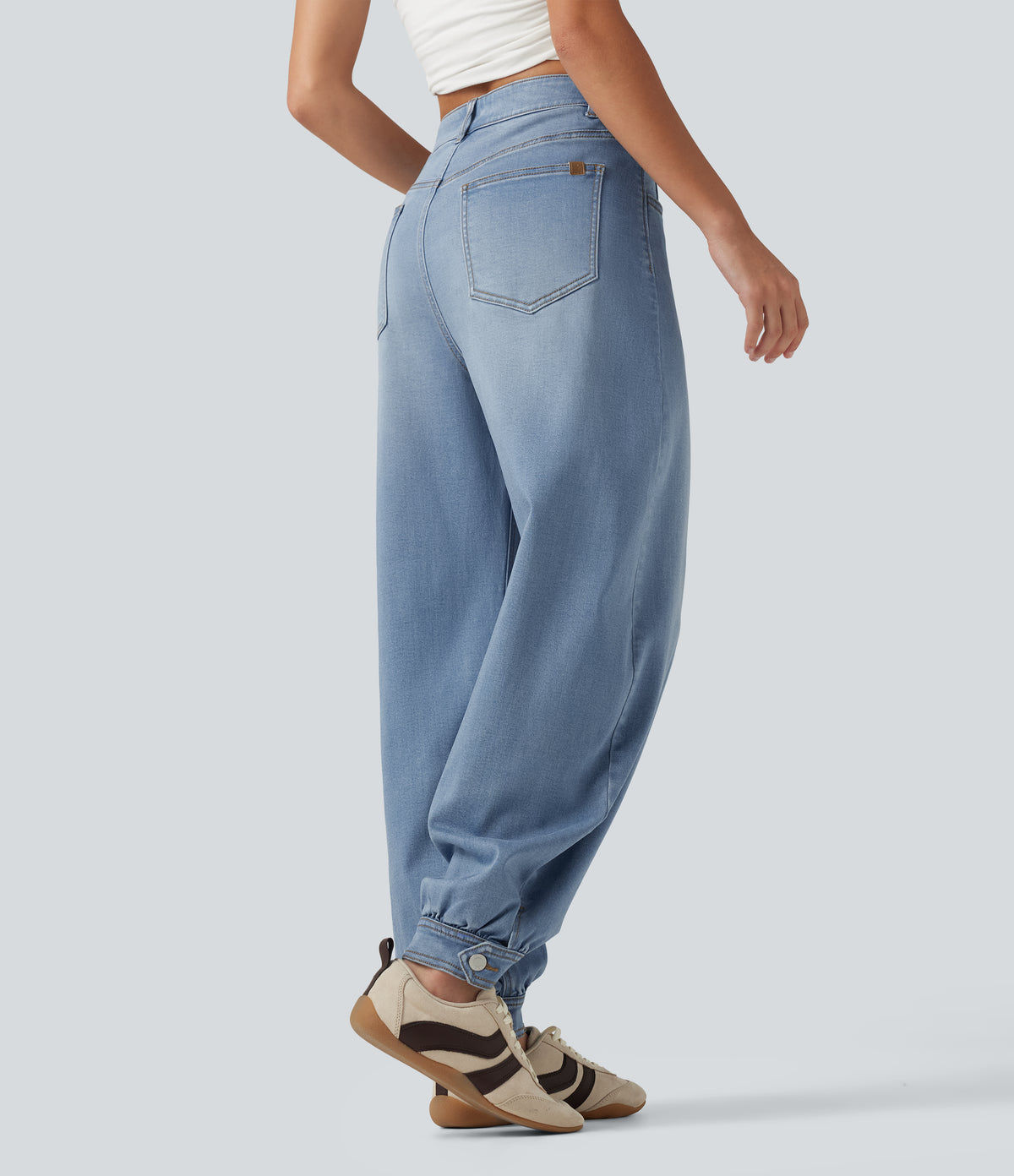 Mid Rise Barrel Leg Denim Casual Joggers with Pockets — Malibu Blue Denim — view 2